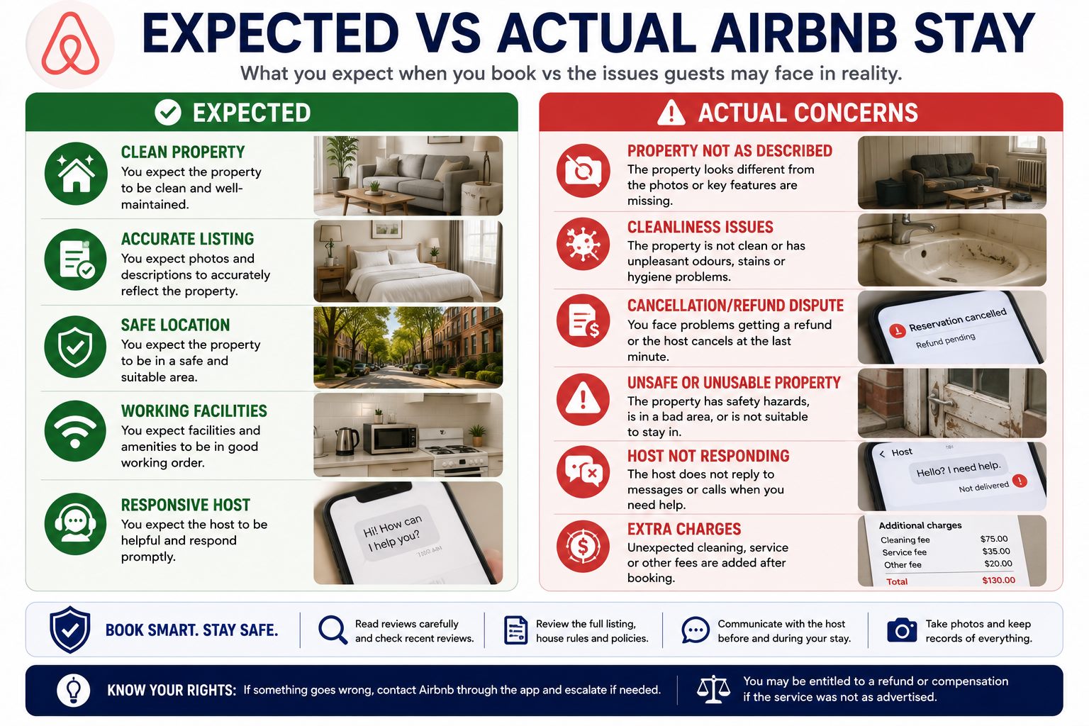 Infographic showing expected versus actual Airbnb stay problems including misleading listings, cleanliness issues, cancellations, unsafe stays, poor host response and extra charges