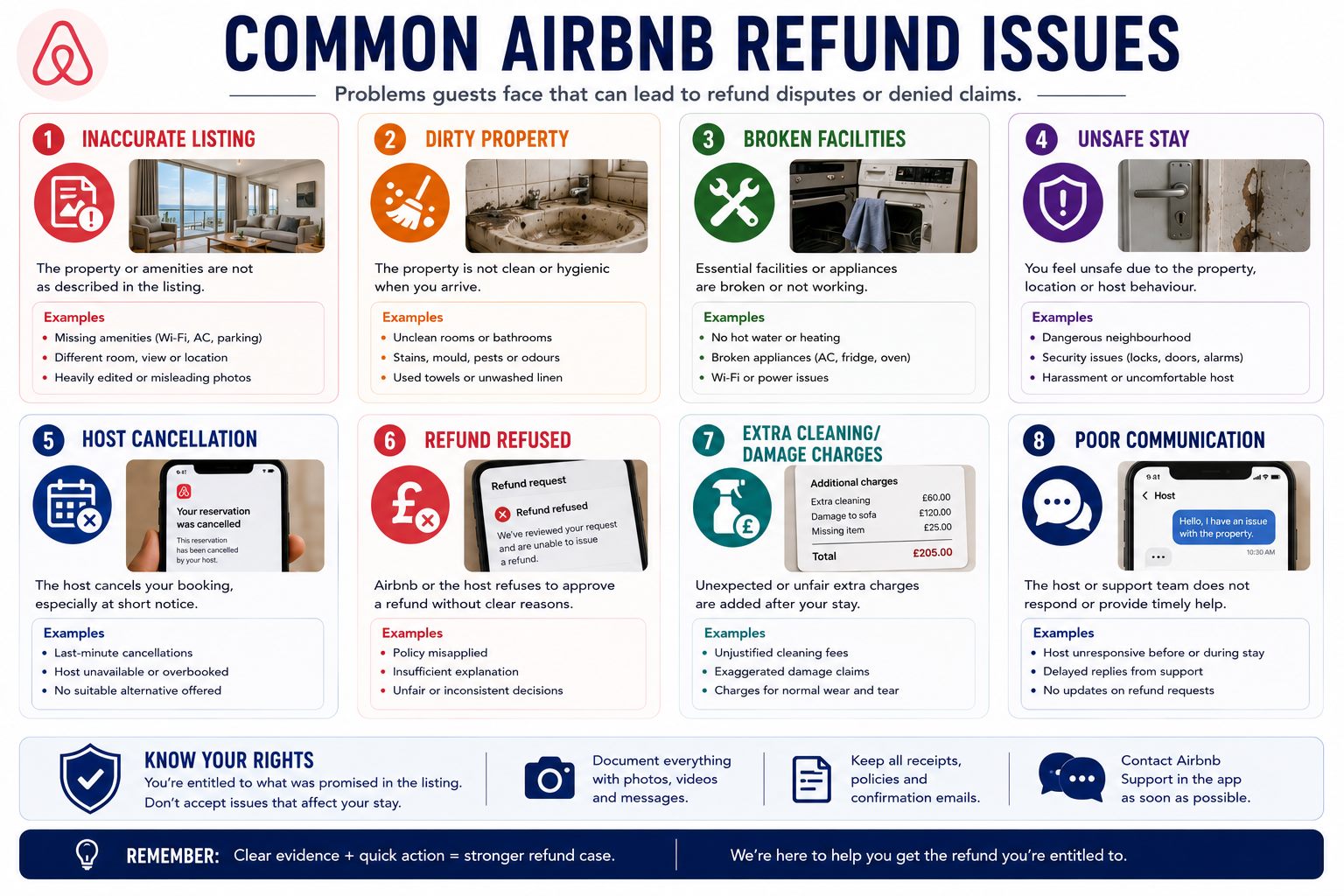 Infographic showing common Airbnb refund issues including inaccurate listings, dirty properties, broken facilities, unsafe stays, cancellations, refund refusals, extra charges and poor communication