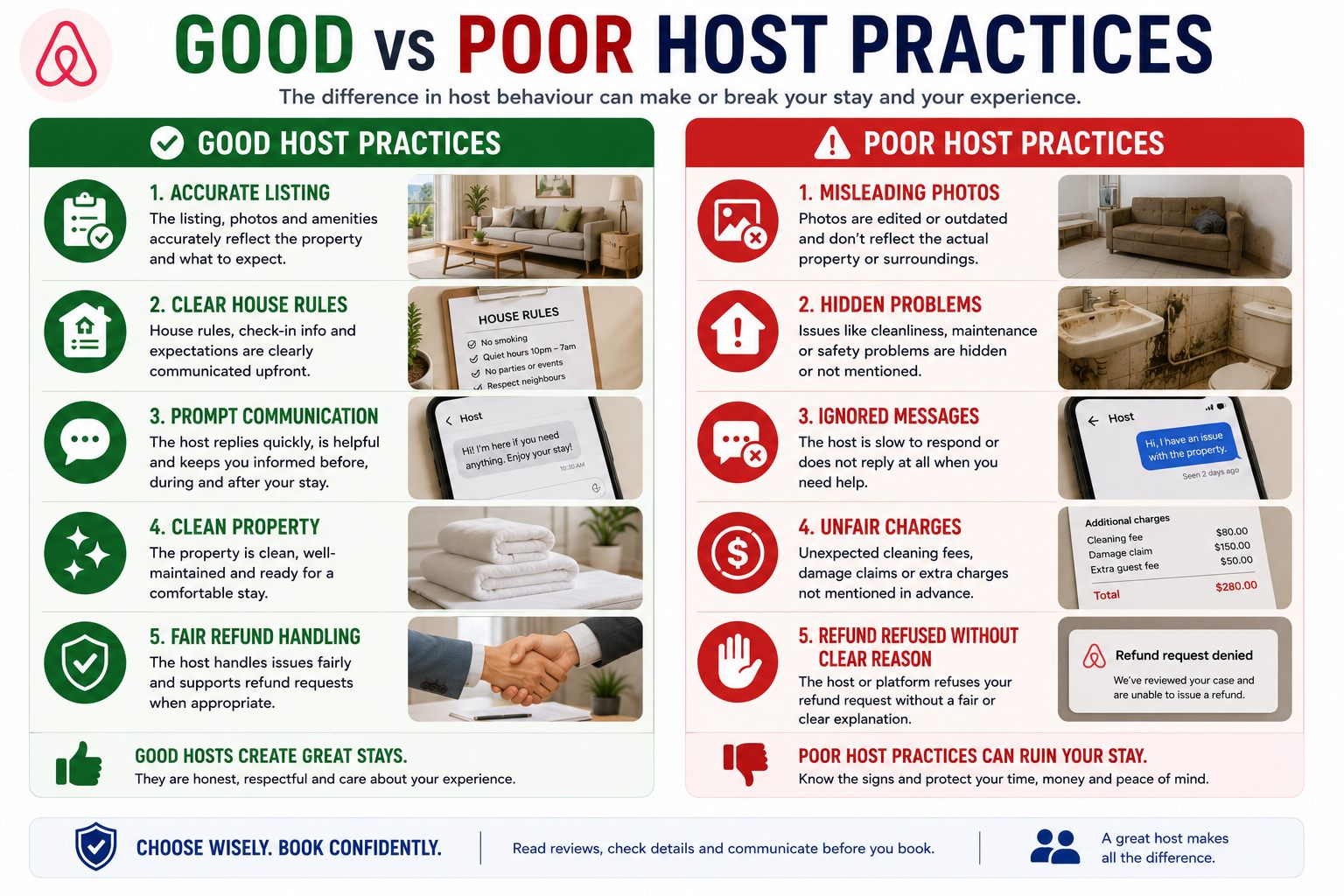 Infographic comparing good versus poor Airbnb host practices including accurate listings, clean property, clear house rules, prompt communication, misleading photos, hidden problems and unfair charges
