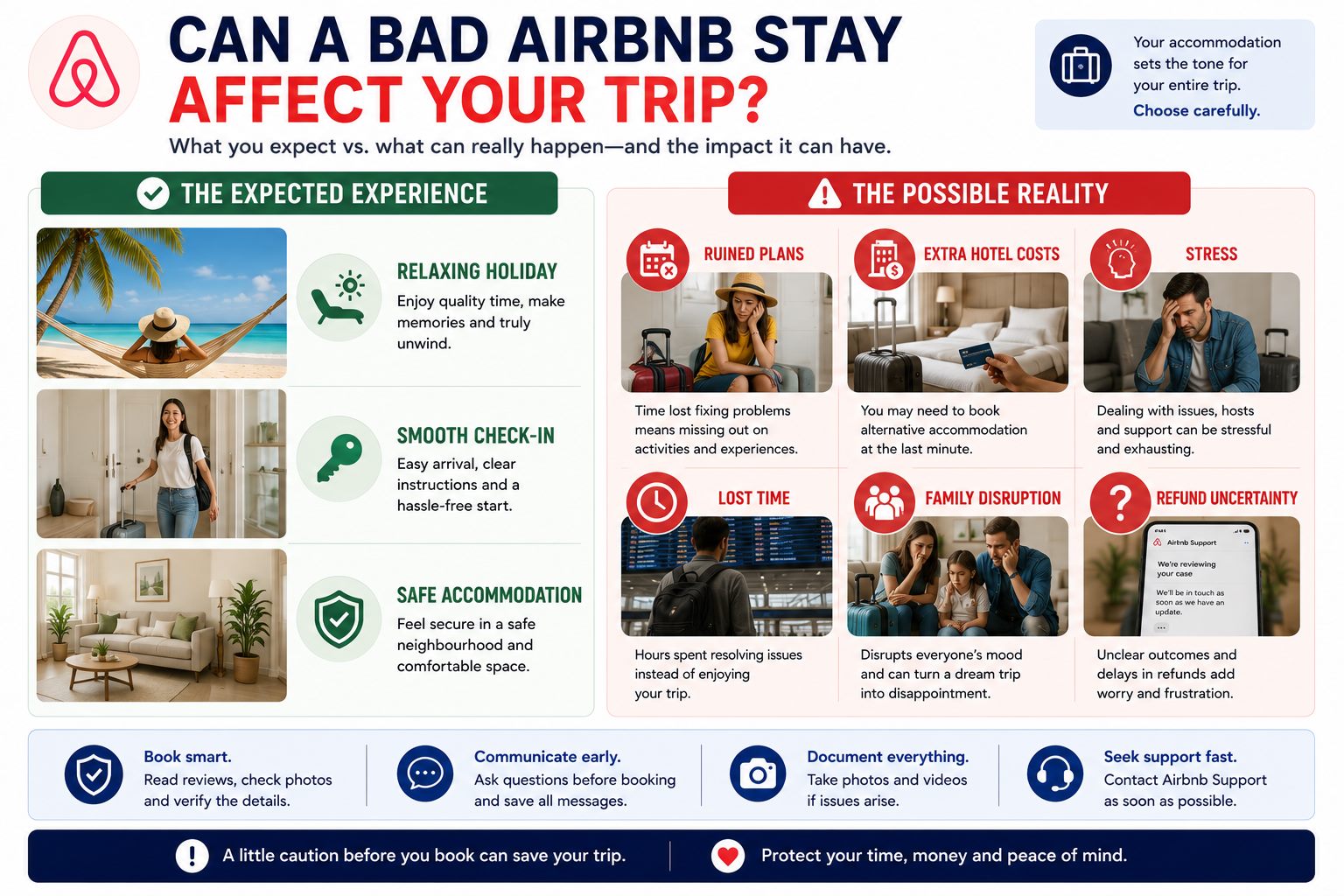 Infographic showing how a bad Airbnb stay can affect a trip through ruined plans, extra hotel costs, stress, lost time, family disruption and refund uncertainty