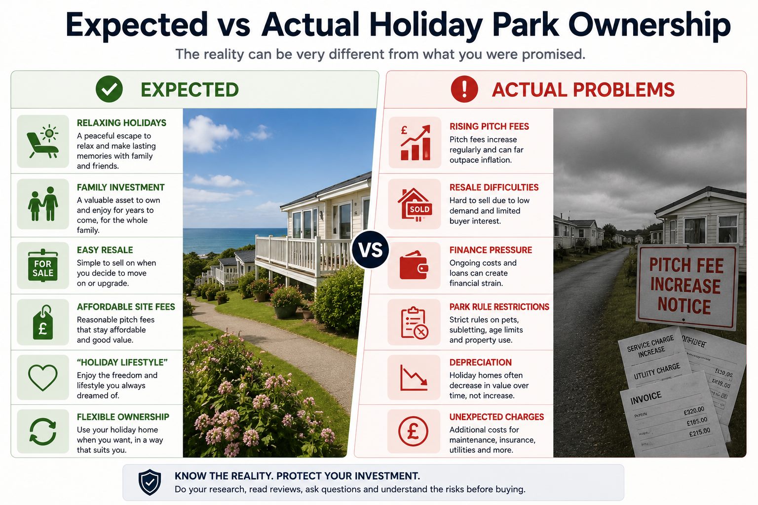 Infographic comparing expected holiday park ownership with actual problems such as rising pitch fees, resale difficulties, finance pressure, park restrictions and unexpected charges