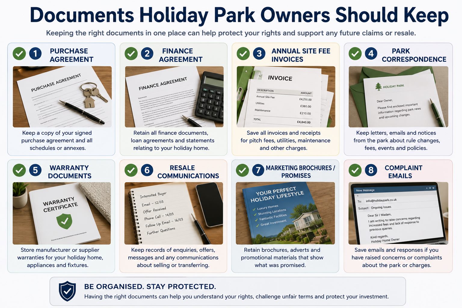 Visual checklist of documents holiday park and static caravan owners should keep for site fee, finance, resale and mis-selling disputes