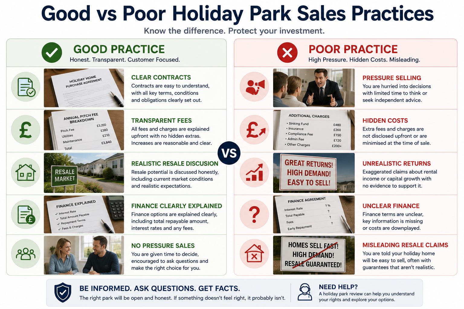 Infographic comparing good and poor holiday park sales practices including clear contracts, transparent fees, pressure selling, hidden costs and resale claims