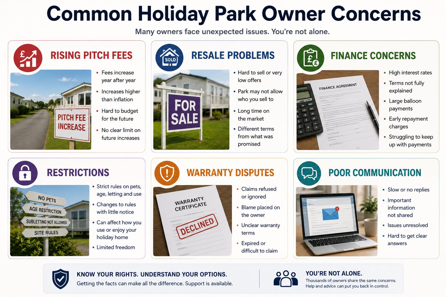 Infographic showing common holiday park owner concerns including rising pitch fees, resale problems, finance concerns, restrictions, warranty disputes and poor communication
