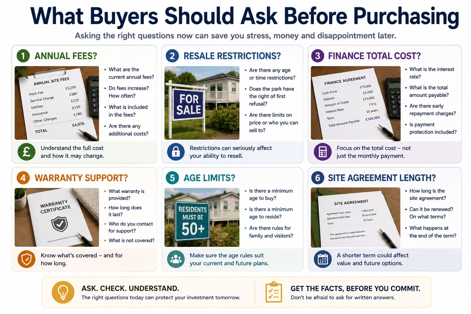 Infographic listing questions buyers should ask before purchasing a holiday park home or static caravan including annual fees, resale restrictions, finance cost and site agreement length