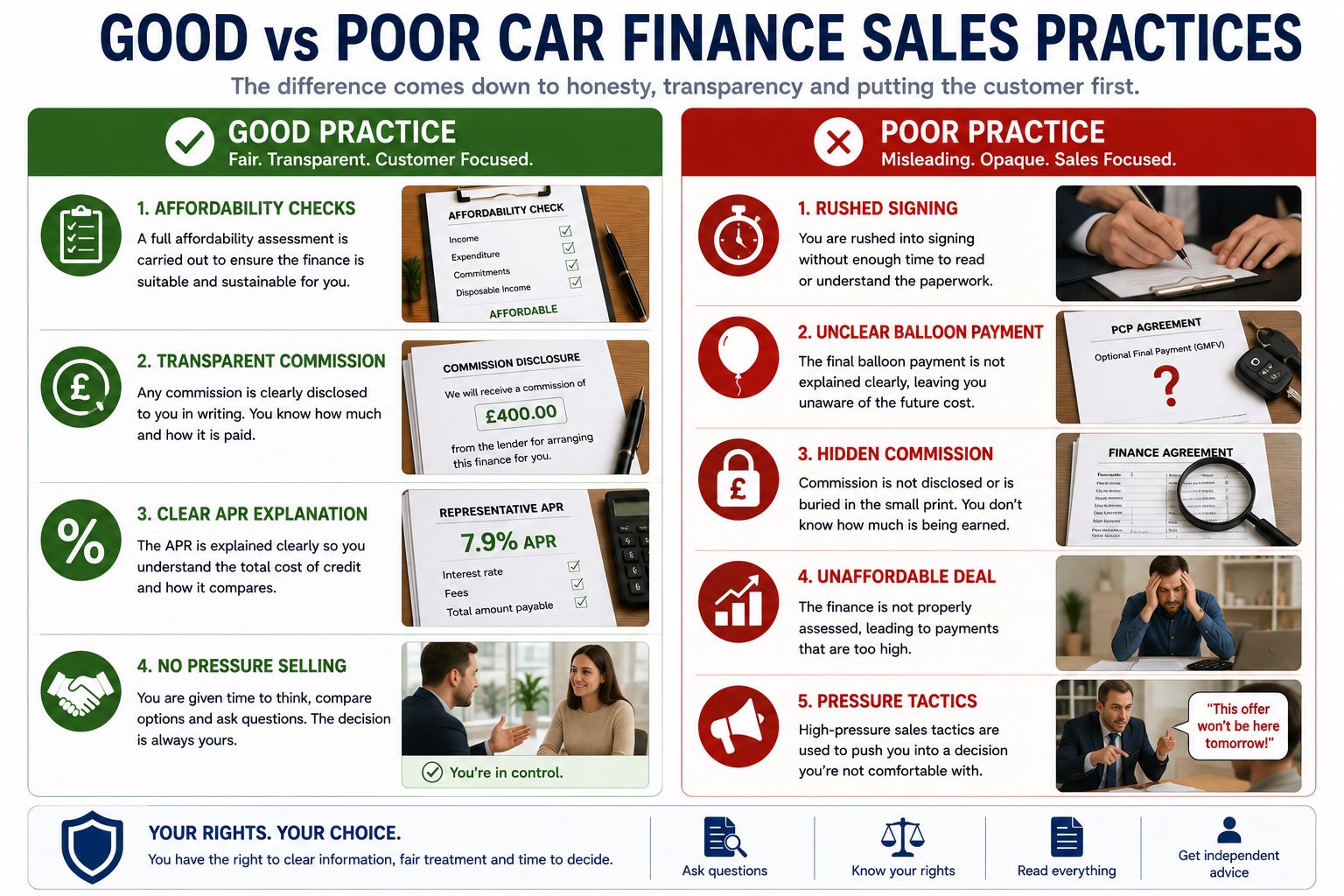 Good versus poor car finance sales practices infographic
