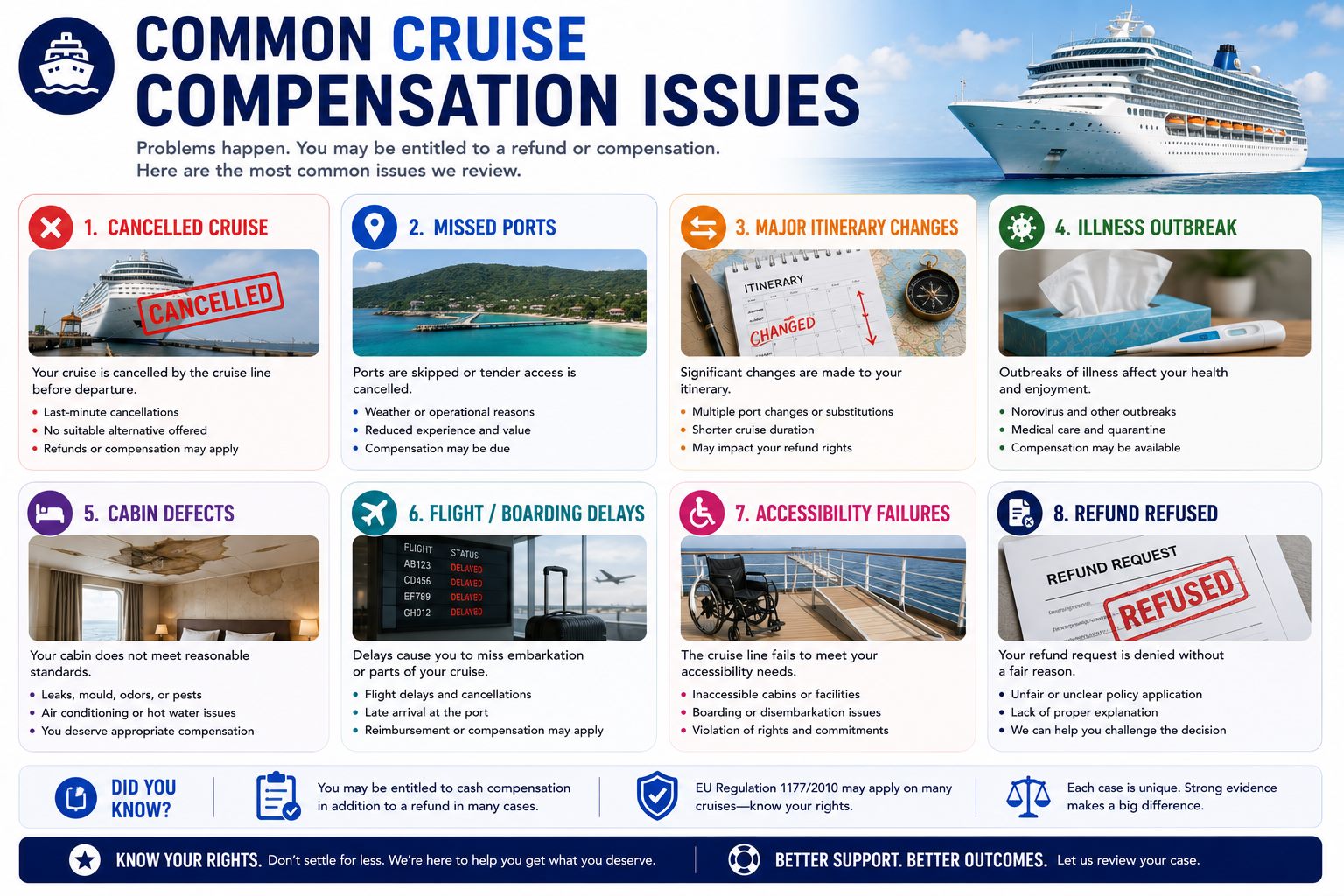 Infographic showing common cruise compensation issues including cancelled cruise missed ports illness cabin defects accessibility and refund refusal
