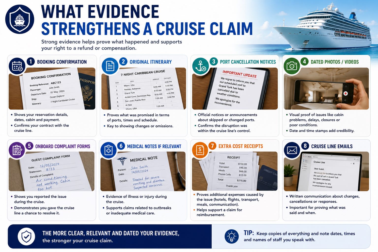 Infographic showing what evidence strengthens a cruise refund or compensation claim