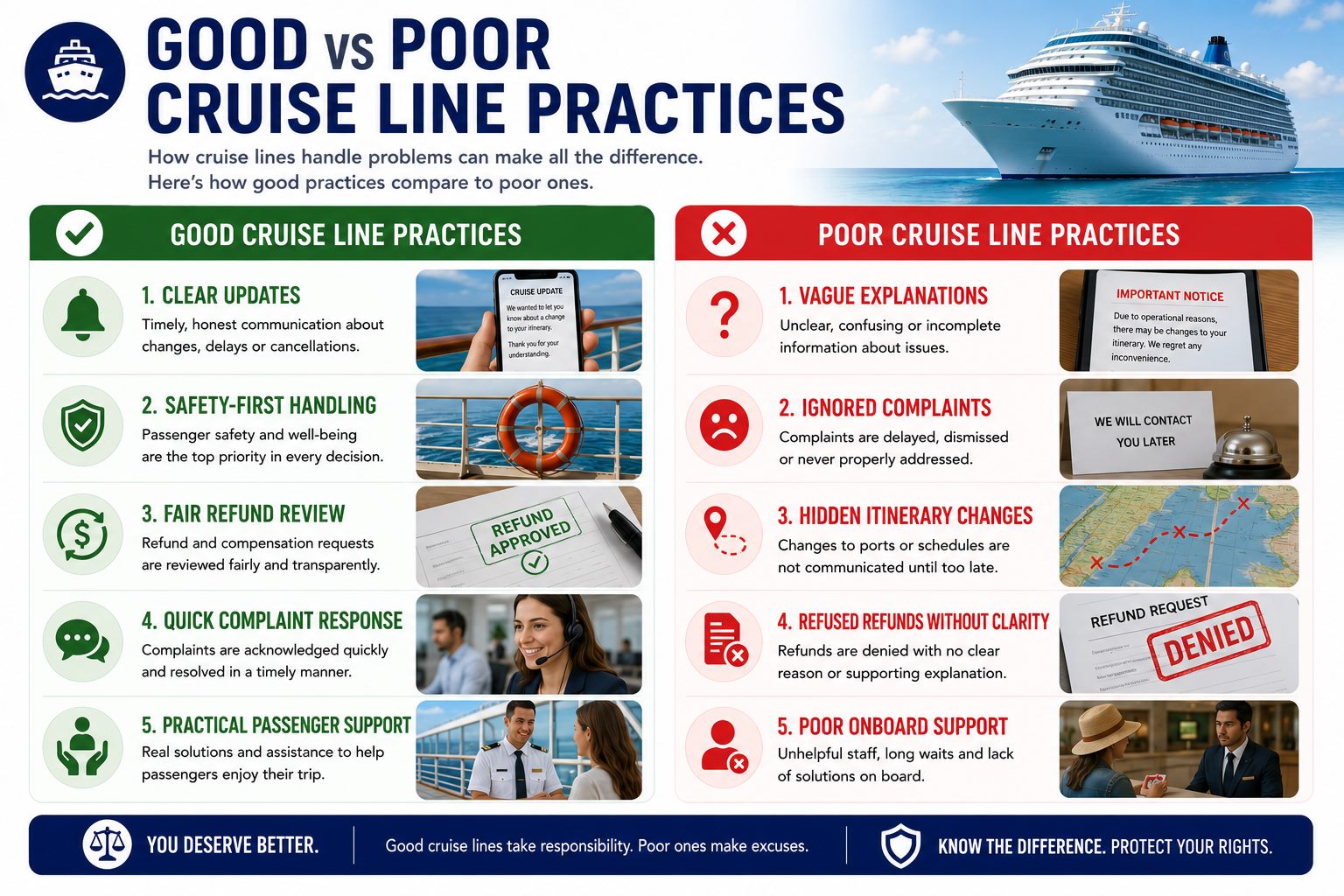 Infographic comparing good and poor cruise line complaint handling practices