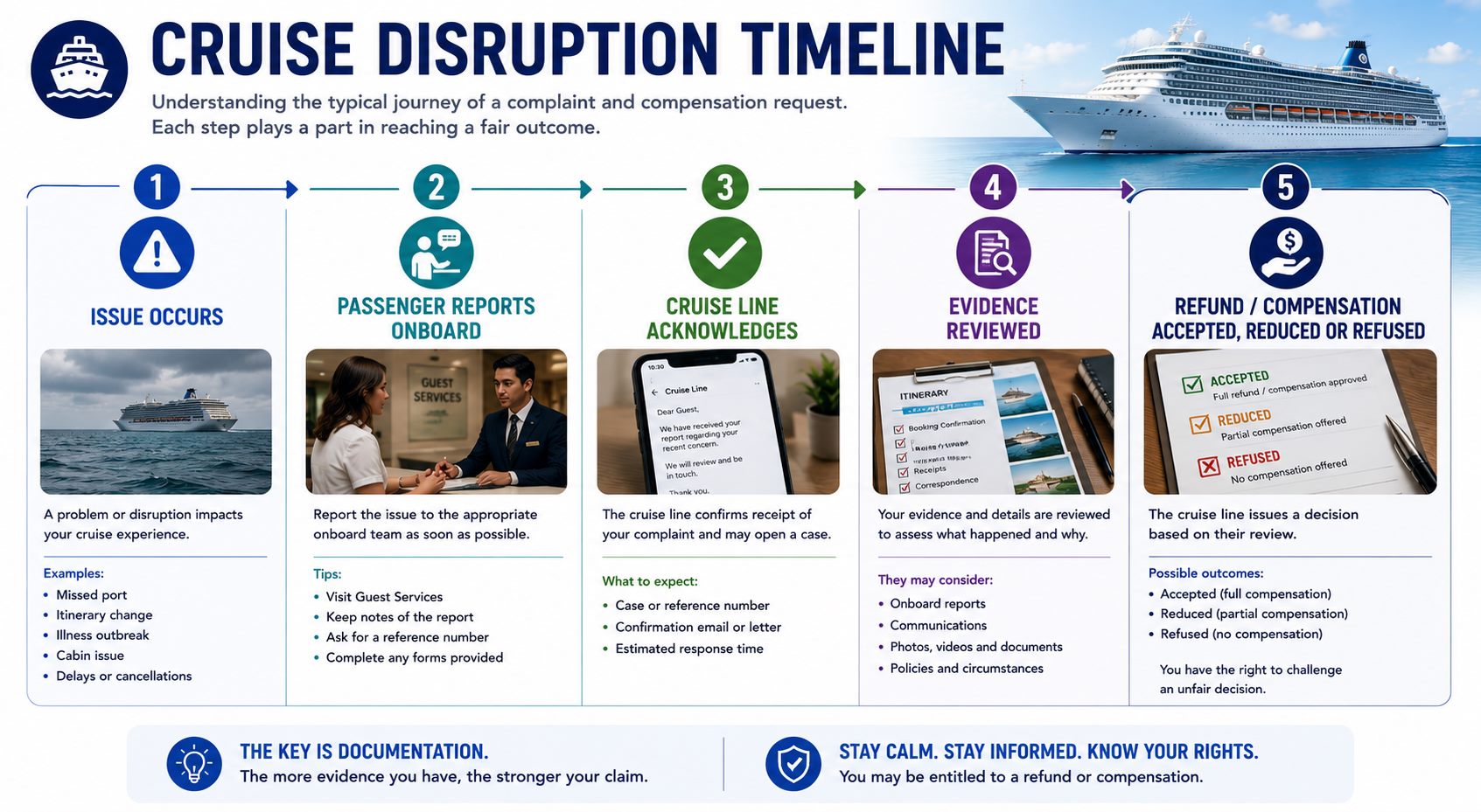 Infographic showing cruise disruption timeline from issue occurring to refund or compensation decision