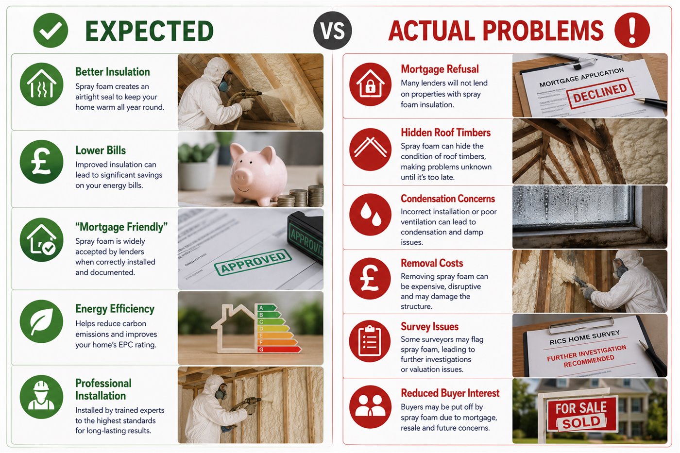 Infographic comparing expected benefits with possible spray foam insulation problems including mortgage refusal, hidden roof timbers, condensation concerns, removal costs, survey issues and reduced buyer interest