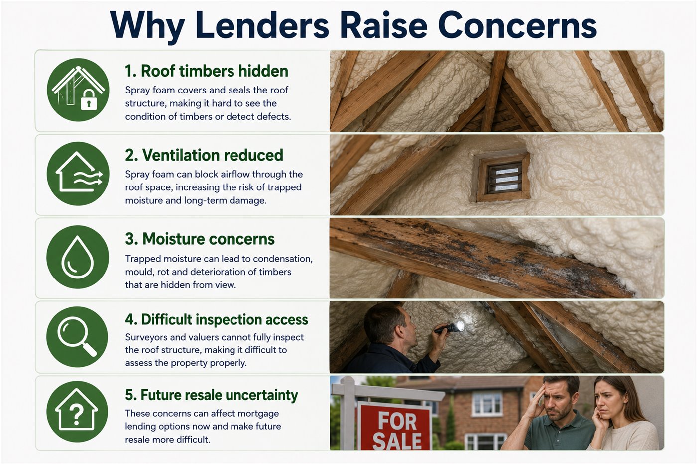 Infographic explaining why UK mortgage lenders raise concerns about spray foam insulation including hidden roof timbers, reduced ventilation, moisture concerns, inspection access and resale uncertainty