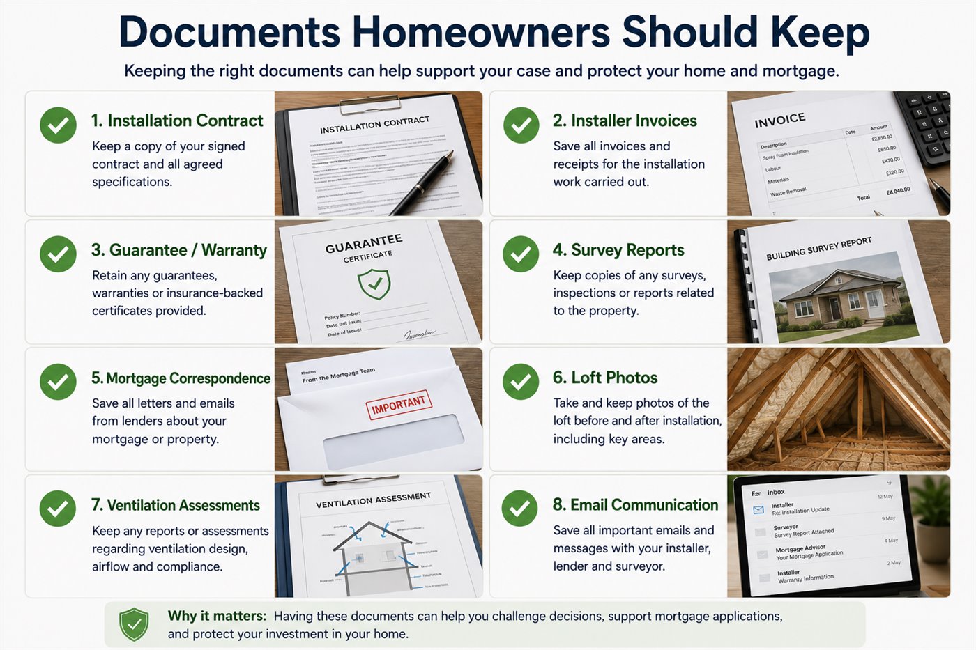 Visual checklist of documents homeowners should keep for a spray foam insulation mortgage or survey review including contracts, invoices, warranties, survey reports, loft photos and lender emails