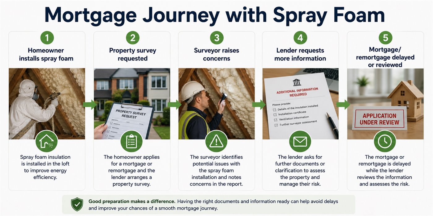 Infographic showing the mortgage journey with spray foam insulation from installation to property survey, surveyor concerns, lender information request and mortgage delay or review