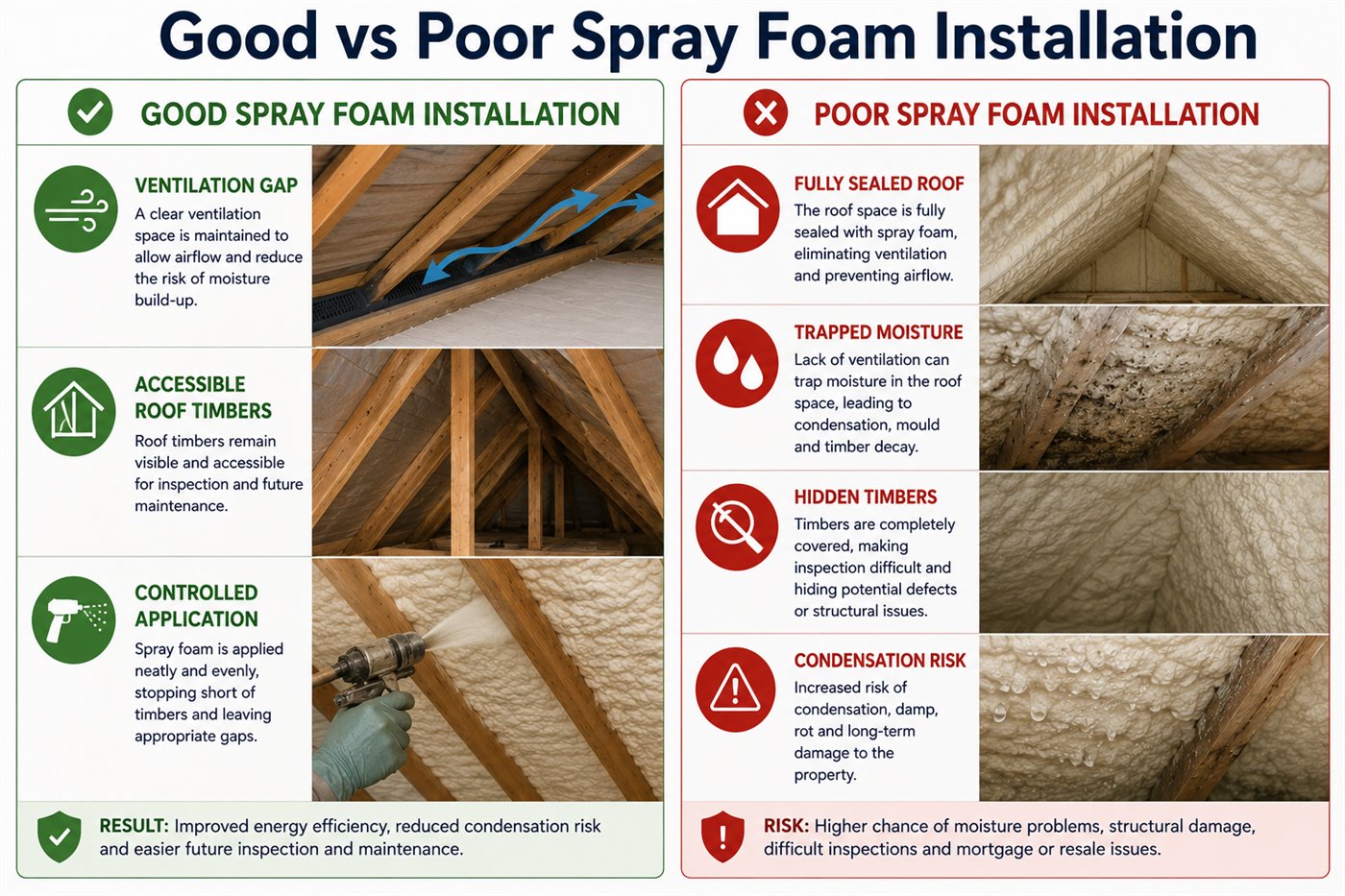Infographic comparing good and poor spray foam insulation installation including ventilation gaps, accessible roof timbers, trapped moisture, hidden timbers and condensation risk