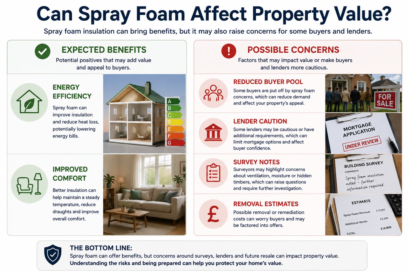 Infographic explaining whether spray foam insulation can affect property value by comparing energy efficiency and comfort benefits with lender caution, survey notes, removal estimates and reduced buyer interest