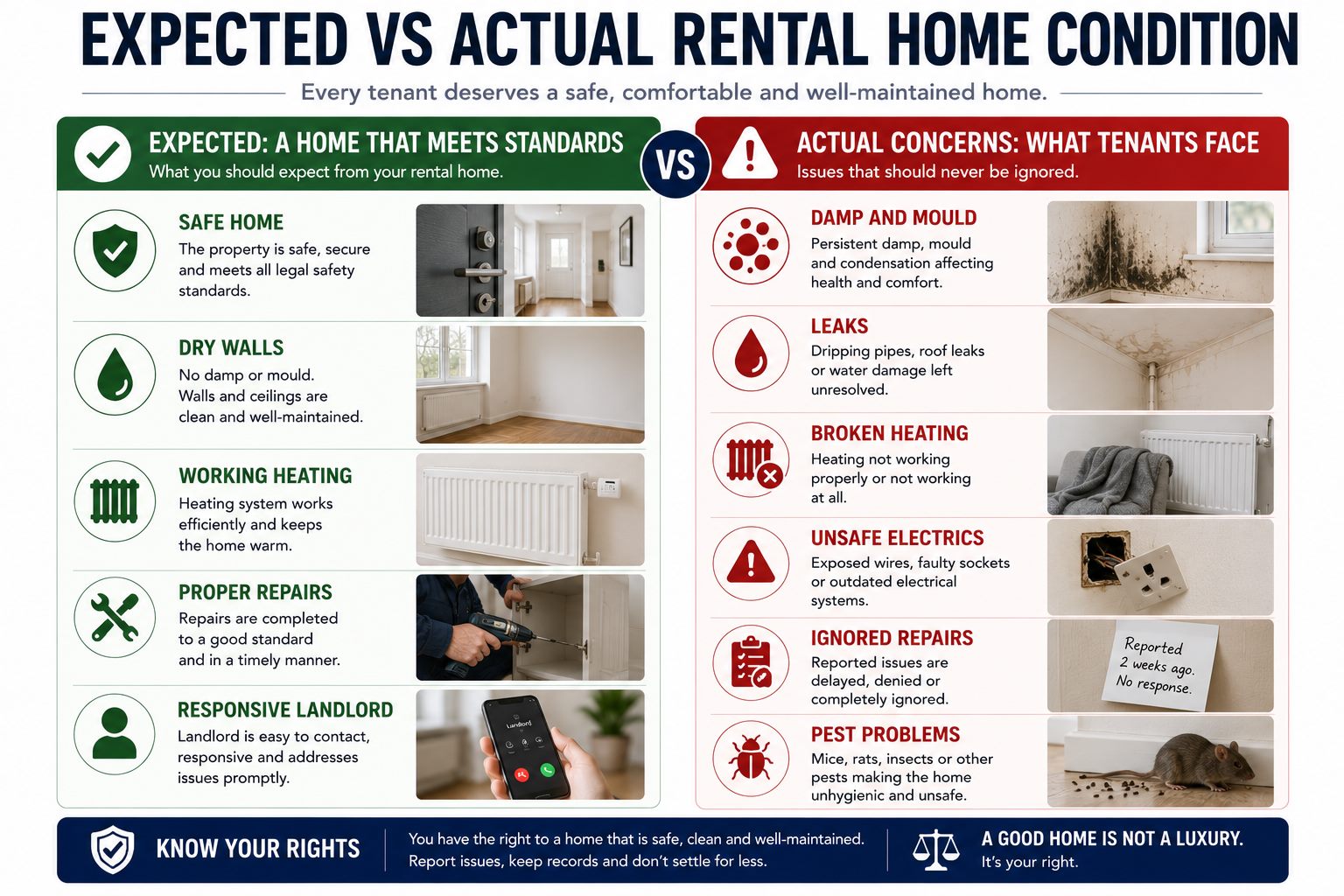 Expected versus actual rental home condition infographic showing damp mould leaks broken heating and ignored repairs