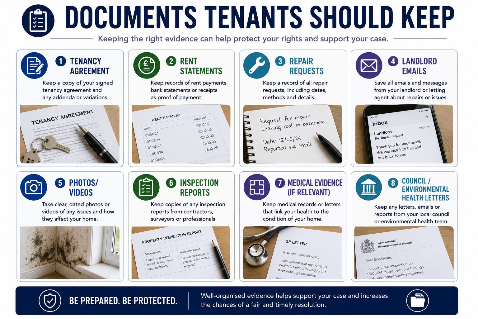 Documents tenants should keep for housing disrepair infographic