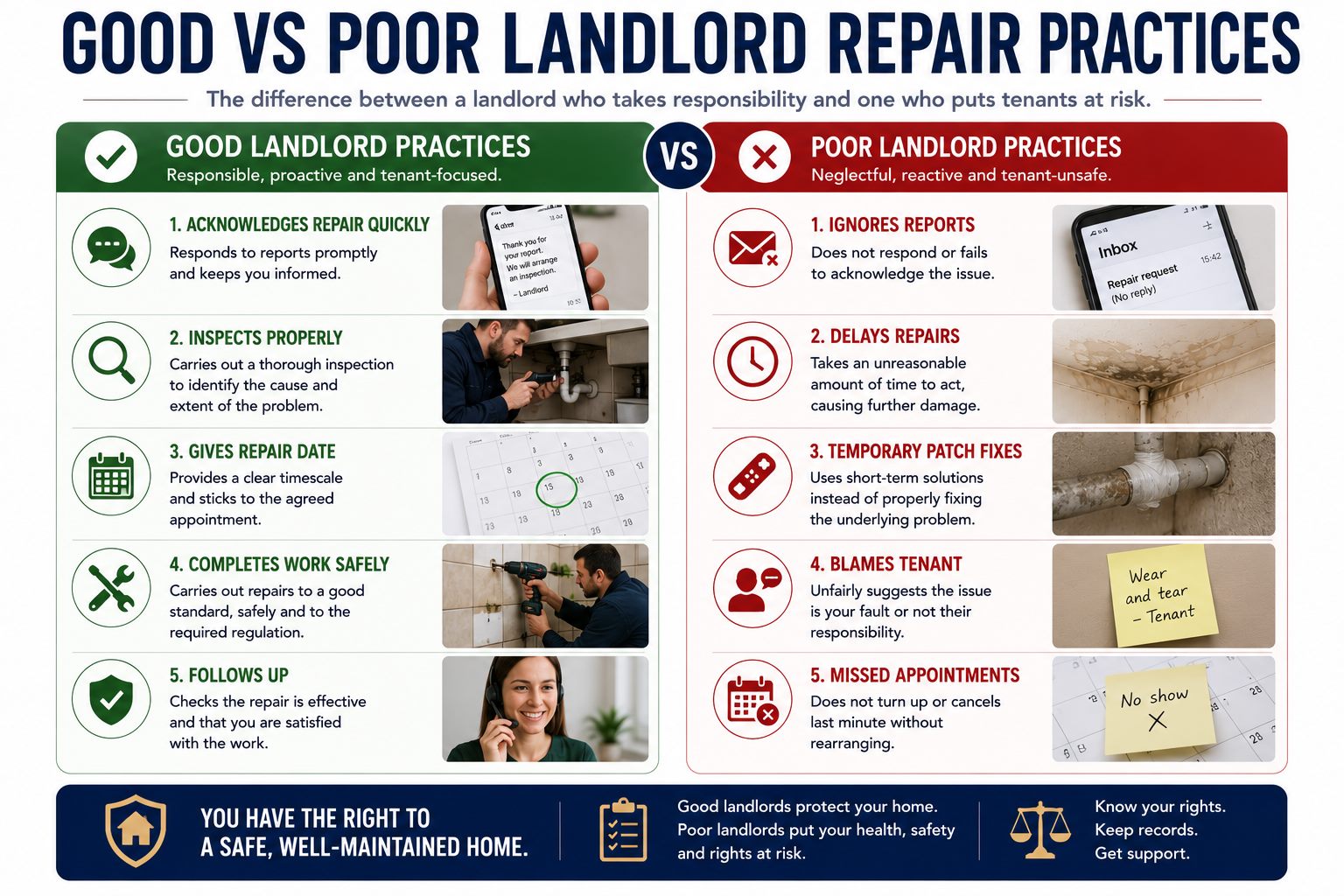 Good versus poor landlord repair practices infographic