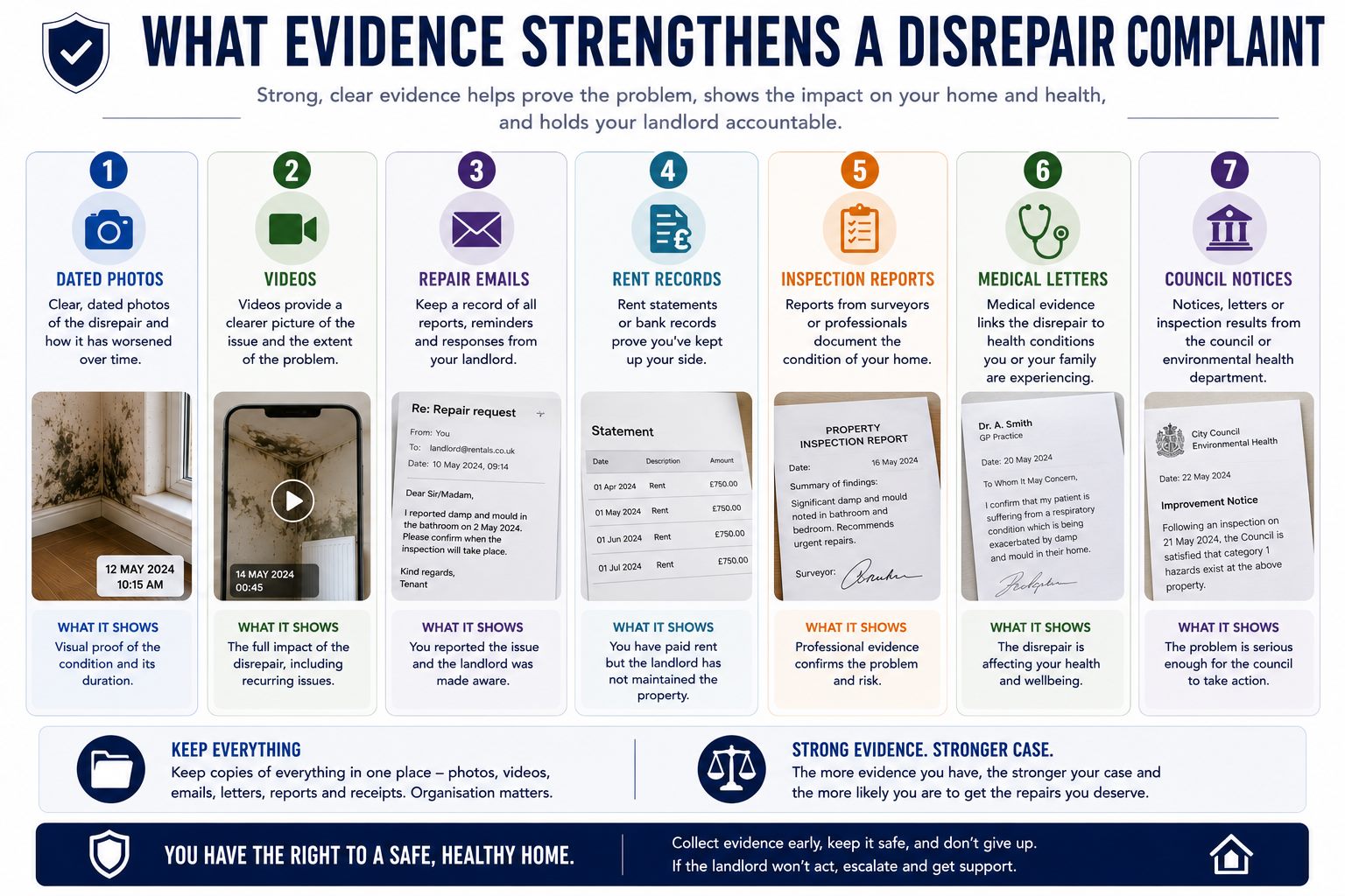 What evidence strengthens a housing disrepair complaint infographic