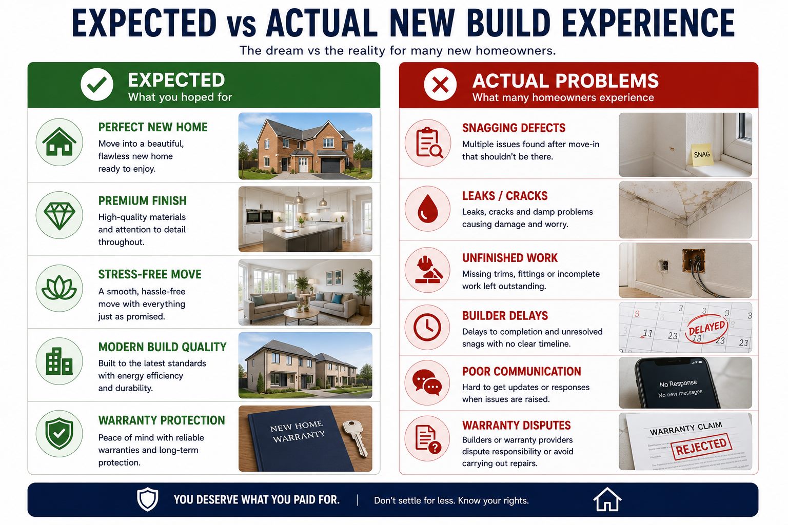 Infographic comparing expected versus actual new build experience including snagging defects, leaks, unfinished work and warranty disputes