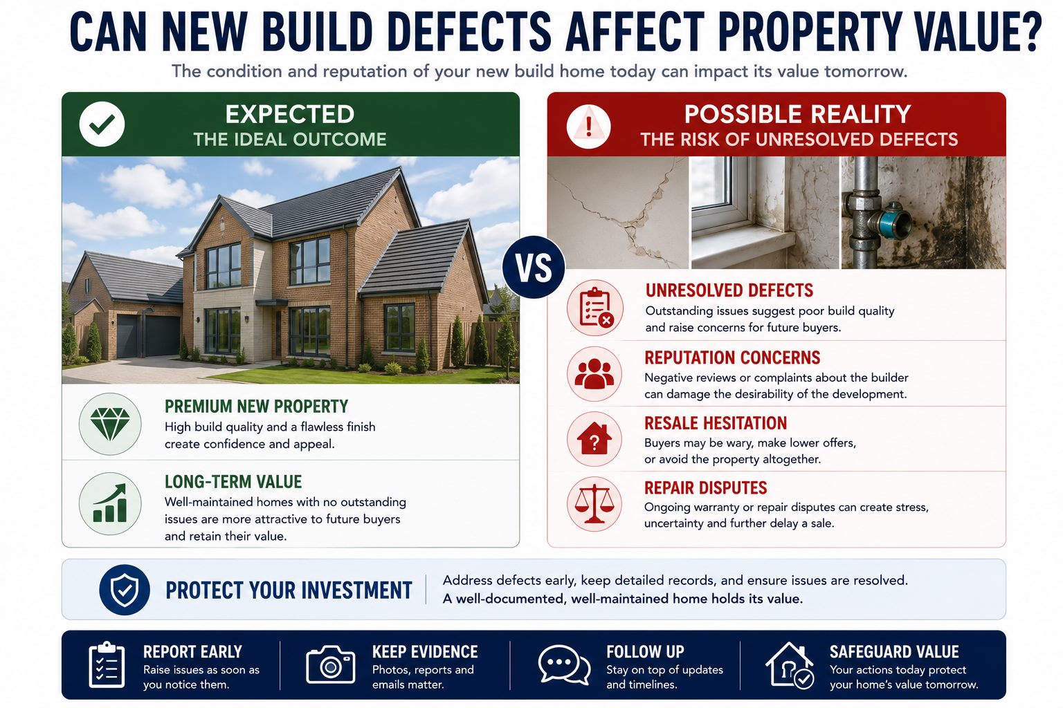 Infographic explaining how unresolved new build defects can affect property value and resale confidence