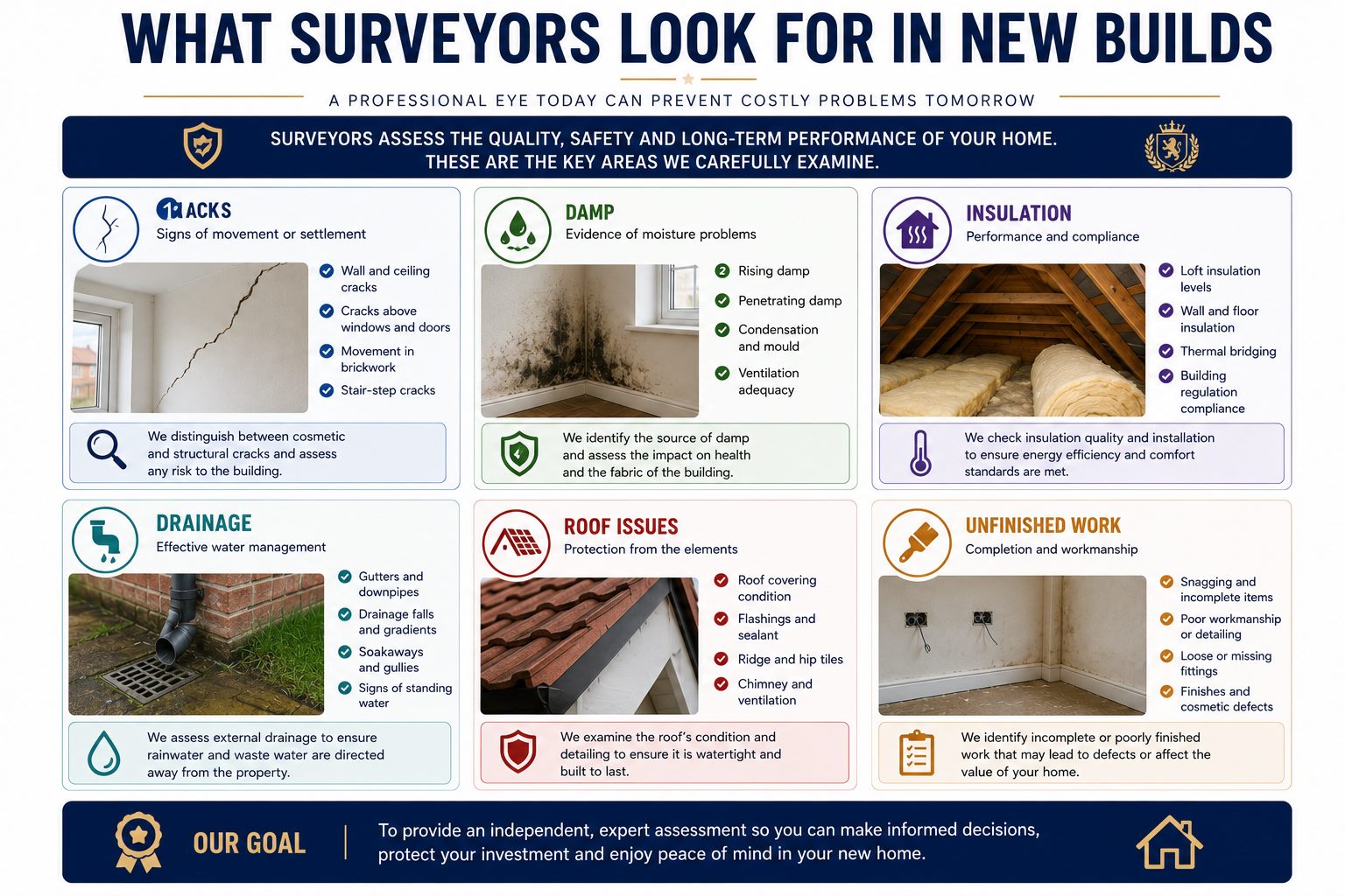 Infographic showing what surveyors look for in new builds including cracks, damp, insulation, drainage, roof issues and unfinished work