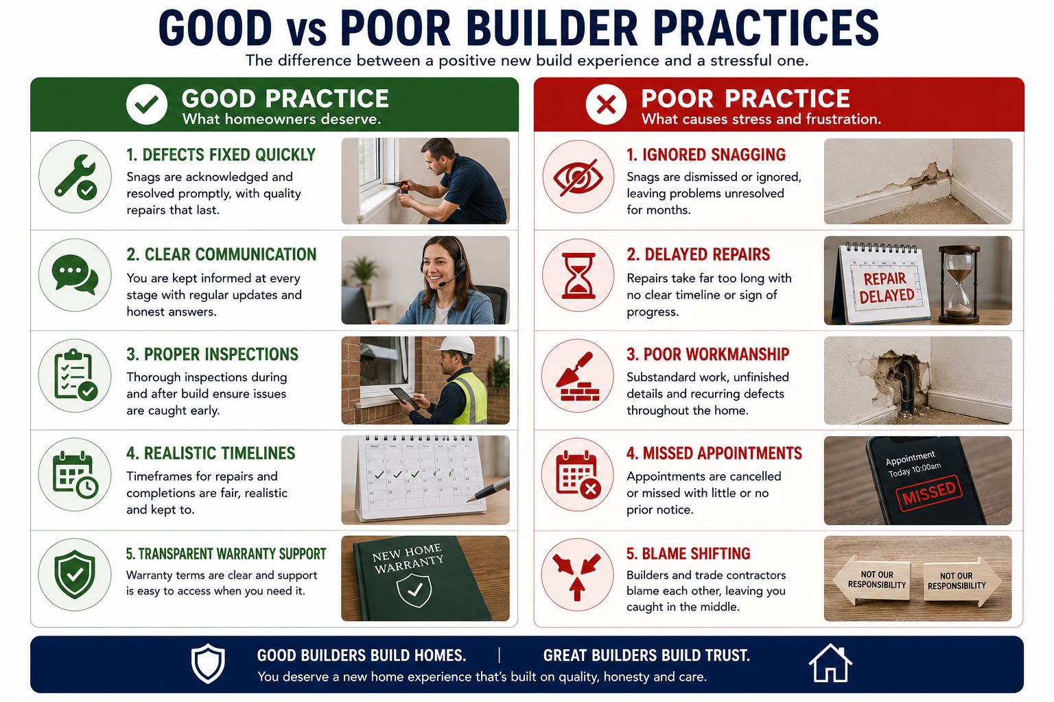 Infographic comparing good and poor builder practices for new build defects, repairs and communication