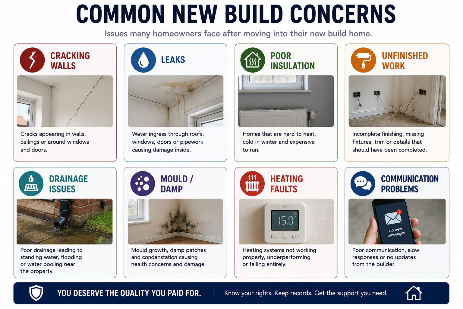 Infographic showing common new build concerns including cracks, leaks, drainage issues, mould, heating faults and communication problems