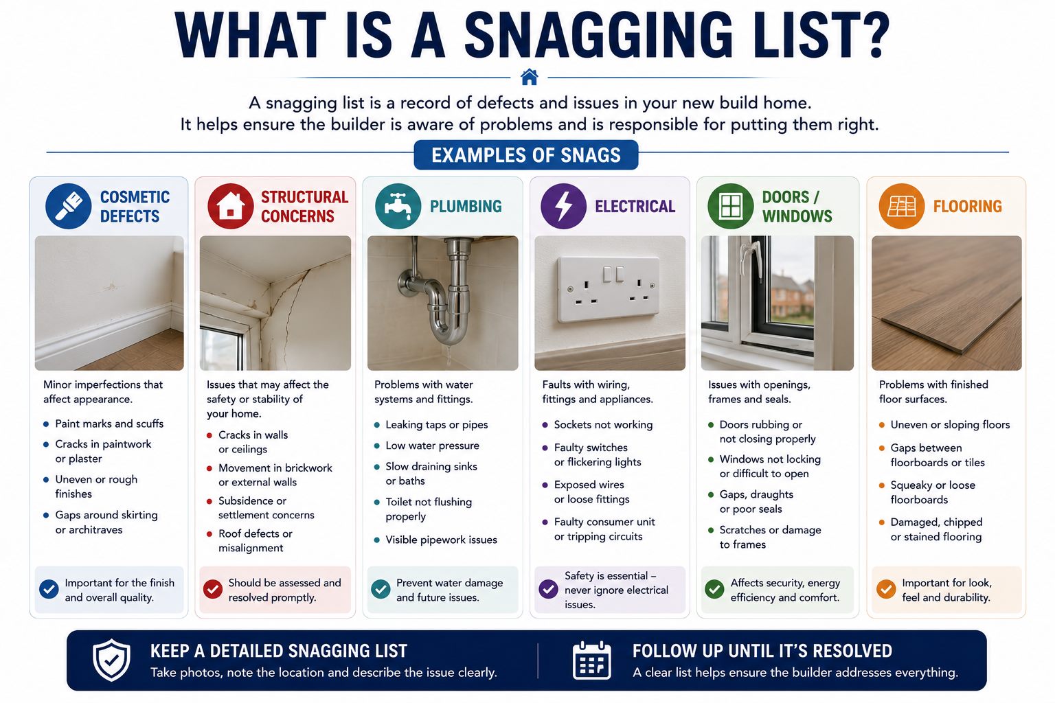 Infographic explaining what a new build snagging list is with examples of cosmetic, structural, plumbing, electrical, window and flooring defects