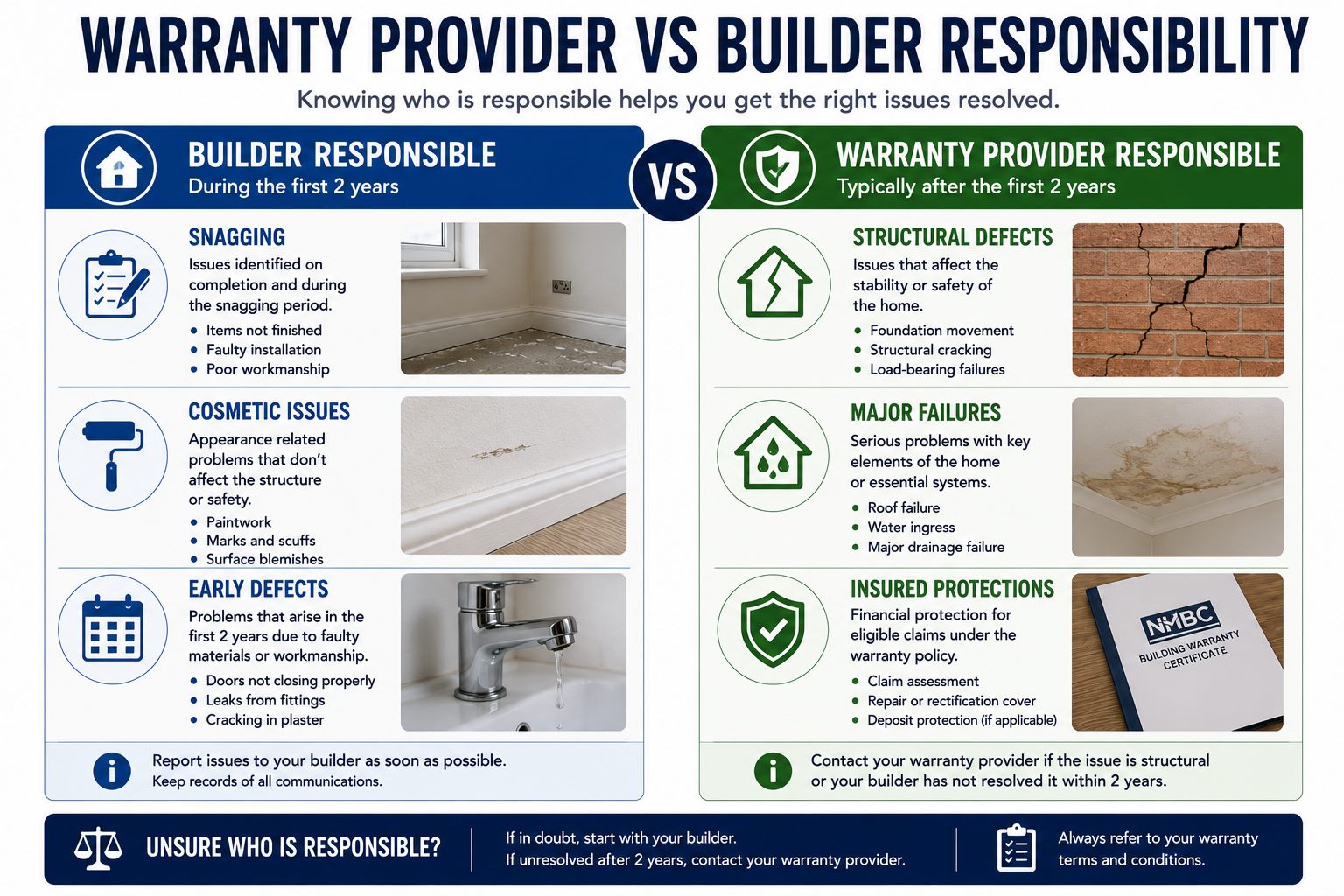 Infographic comparing warranty provider versus builder responsibility for new build snagging, defects and structural problems