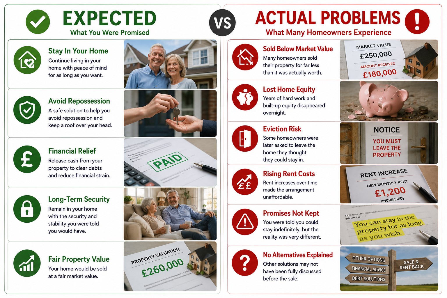 Expected sale and rent back promises compared with actual problems many homeowners experienced