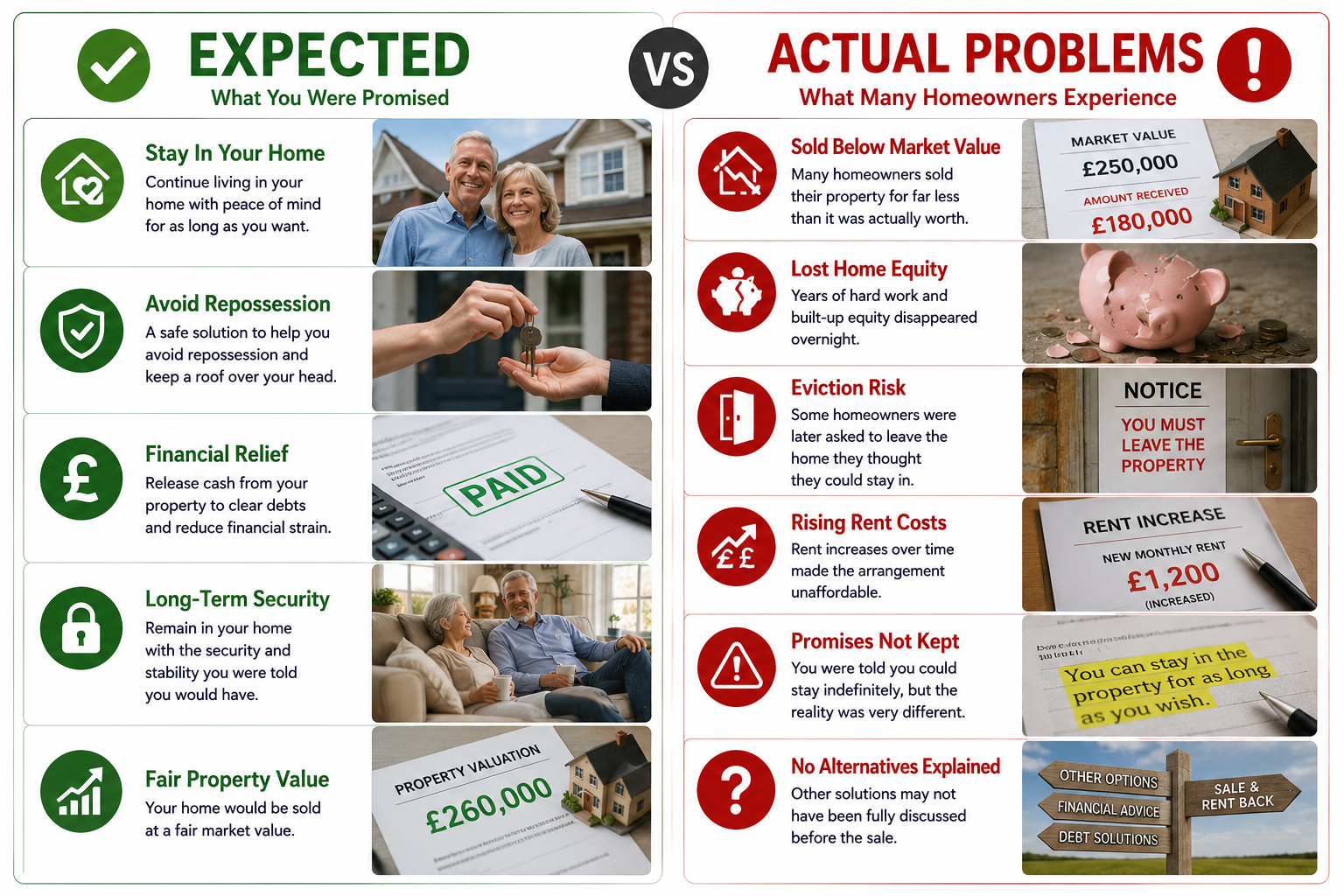 Expected sale and rent back promises compared with actual problems many homeowners experienced