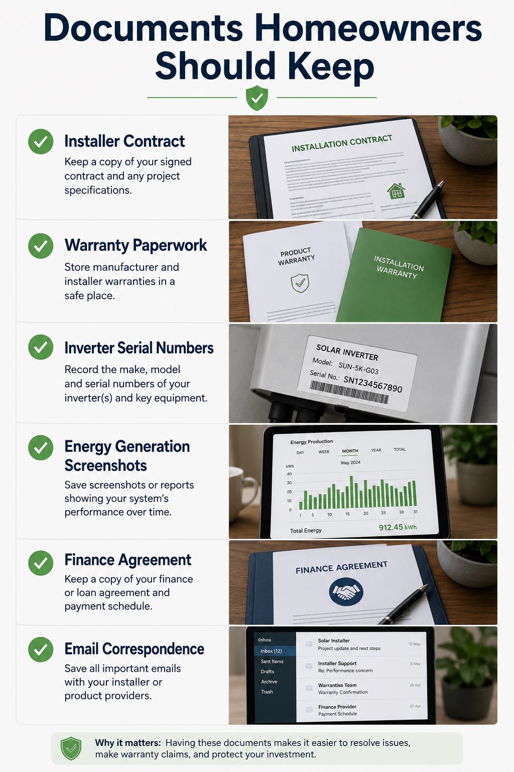 Visual checklist of documents homeowners should keep for a solar panel dispute including installer contract, warranty paperwork, inverter serial numbers, energy generation screenshots, finance agreement and email correspondence