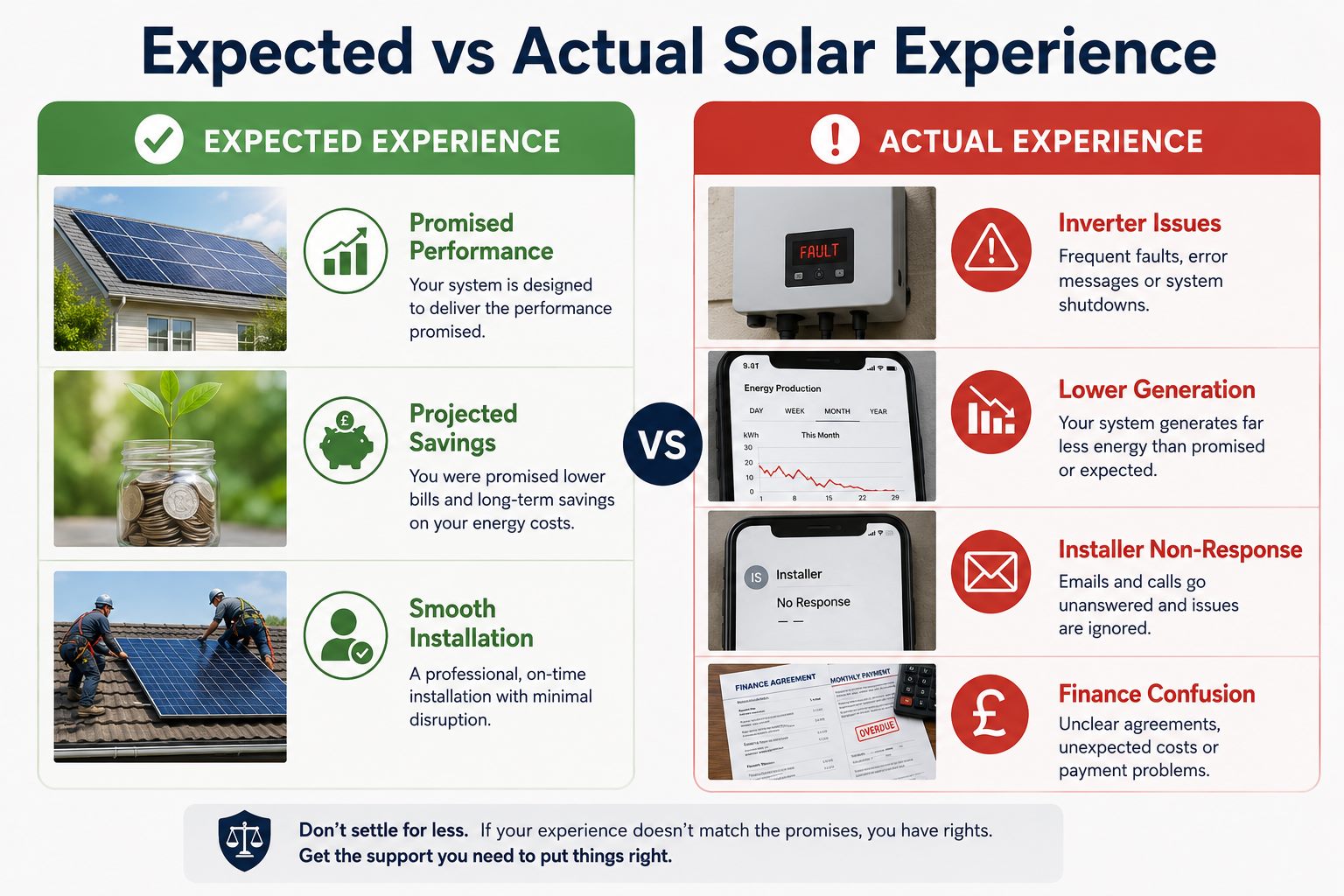 Infographic comparing expected versus actual solar panel experience including promised performance, projected savings, inverter issues, lower generation, installer non-response and finance confusion