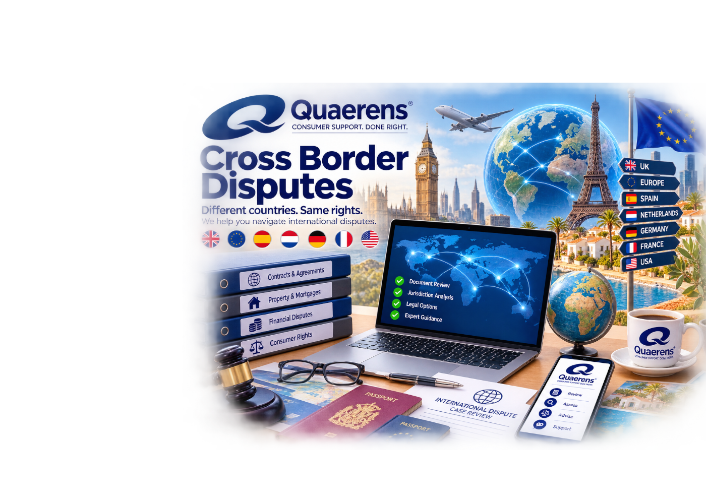 Cross-border contracts, company records, payment evidence and international correspondence organised for review