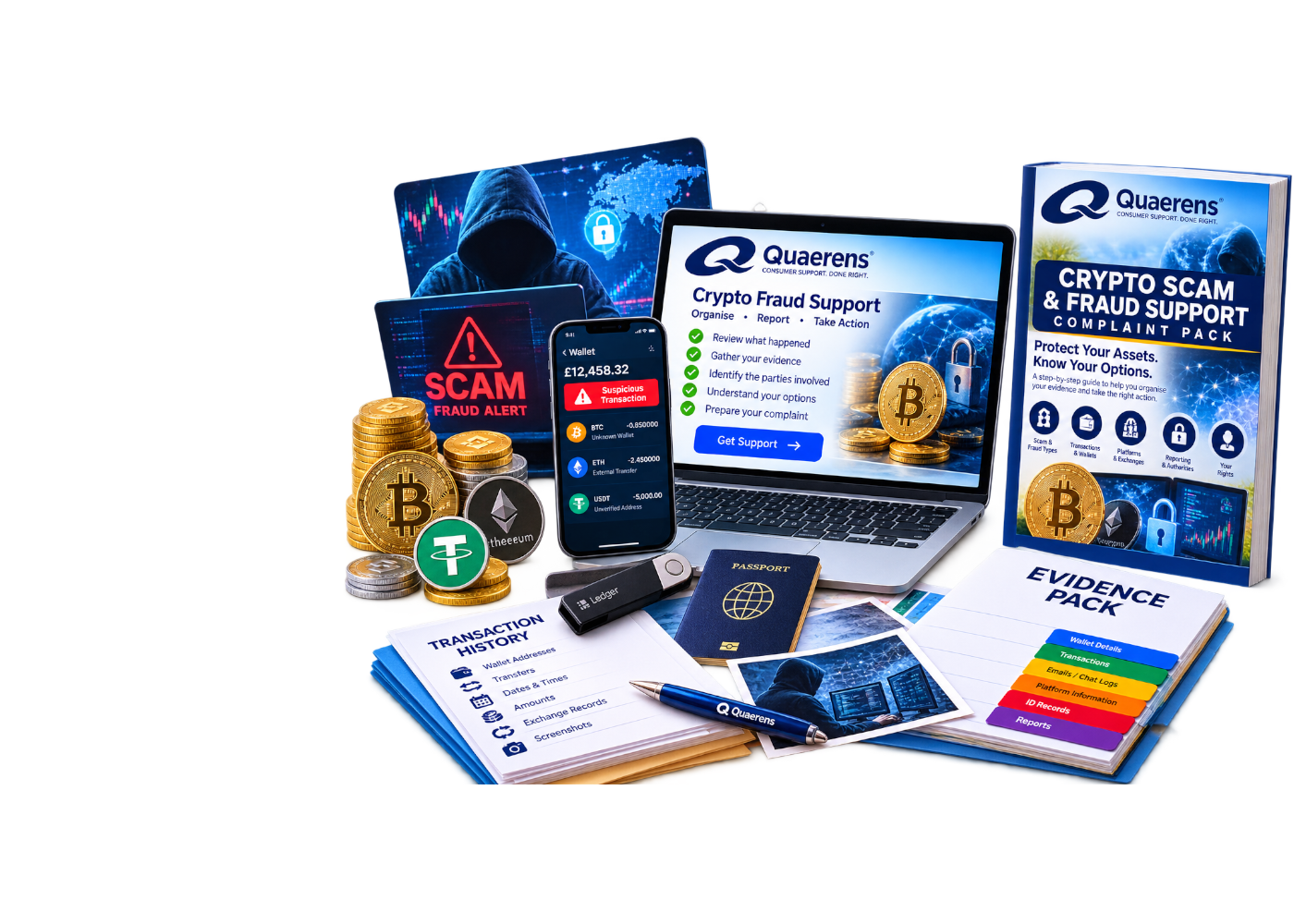 Crypto transaction, wallet, payment and communication evidence organised for support