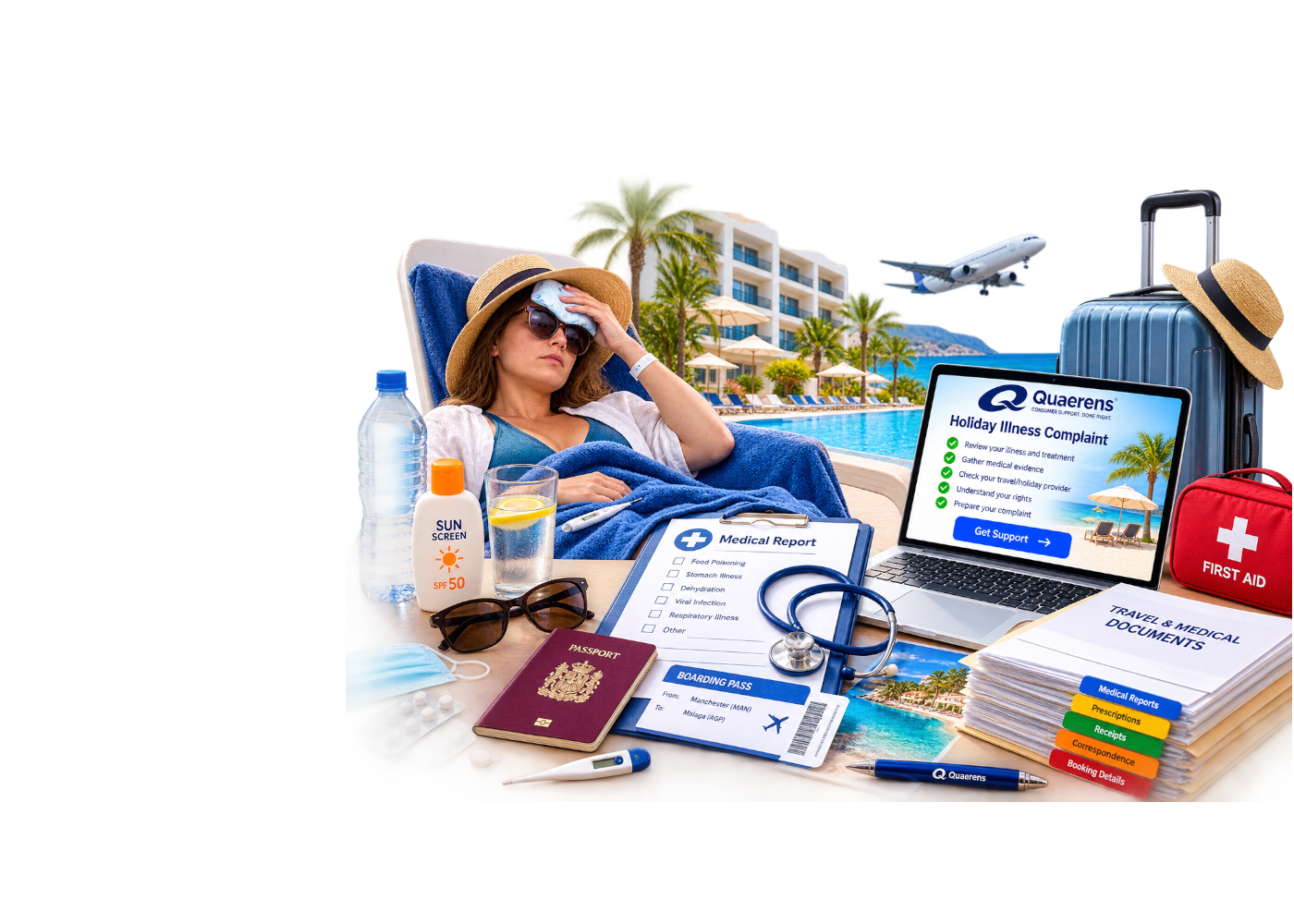 Holiday booking, medical and hotel evidence organised for a Holiday Illness Complaint Pack