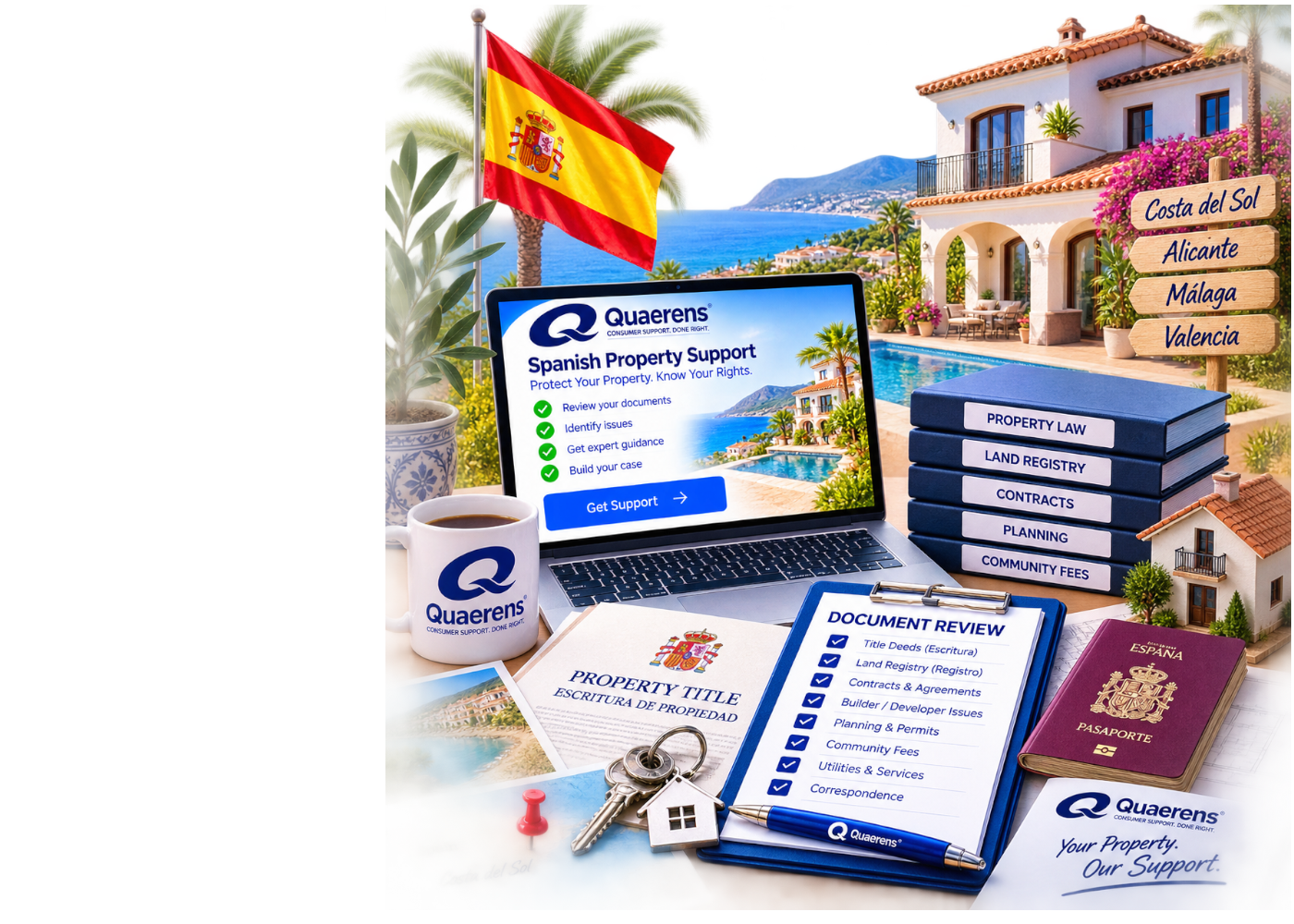 Spanish property contracts, payment records and evidence organised for support