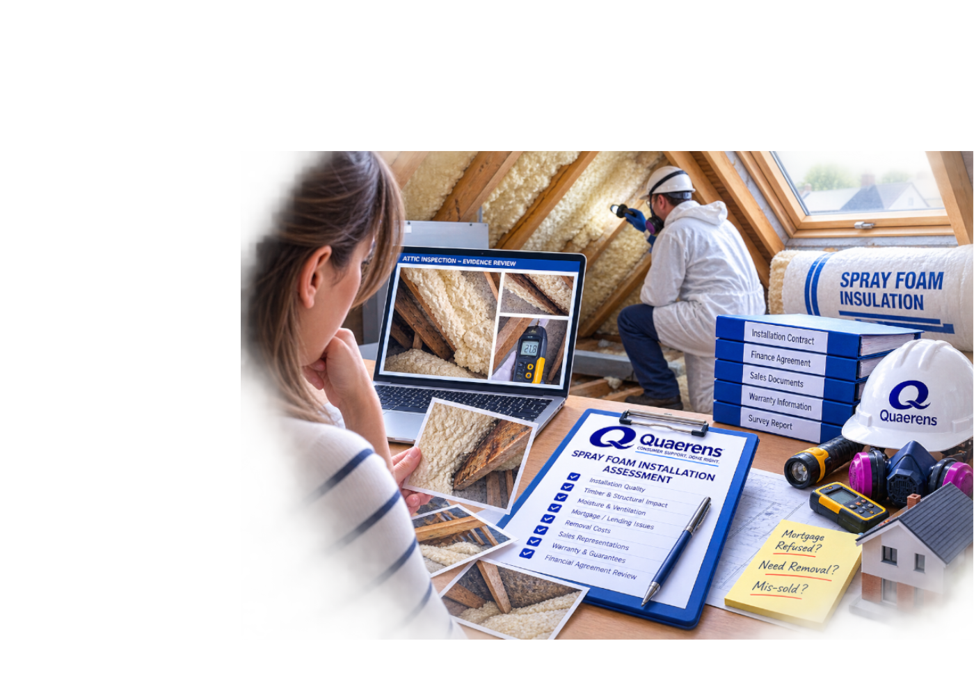 Spray foam insulation, roof, mortgage and evidence organised for assessment